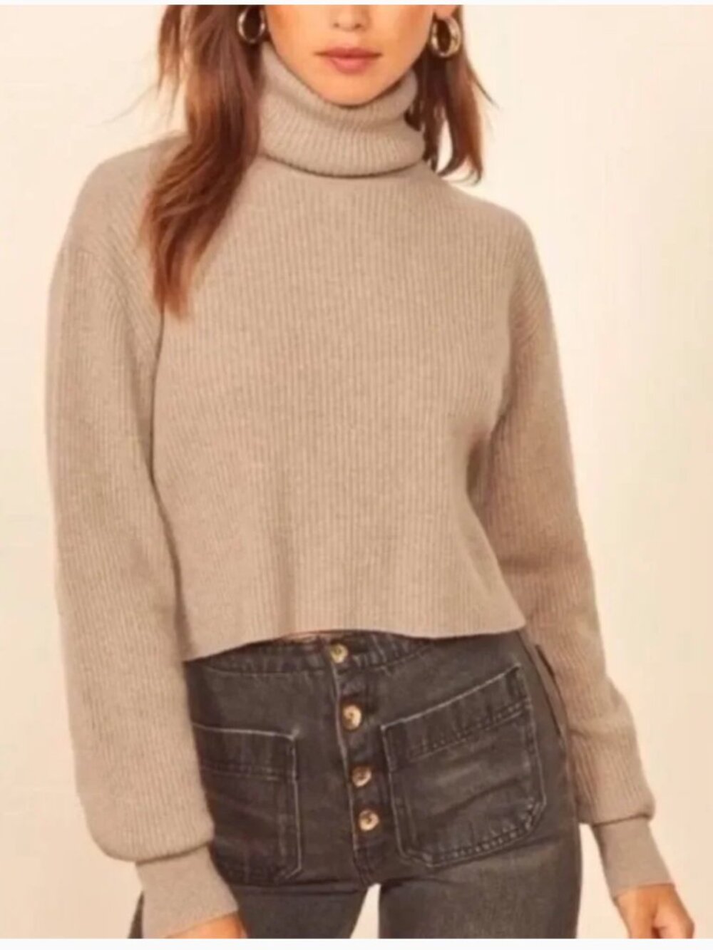 REFORMATION Luisa Cashmere Tan Ribbed Turtleneck Cropped Sweater, Size S